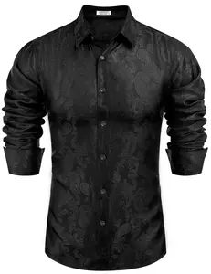 COOFANDY Men's Silk Satin Dress Shirt Long Sleeve Floral Printed Shirt Paisley Button Down Shirts for Wedding Party Prom