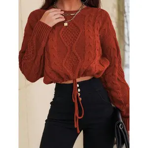 Women’s plain cable-knit drop-shoulder cropped sweater with drawstring, casual fit long sleeves and crew neck for autumn and winter; women’s sweaters, fashionable ladies’ knitwear for everyday wear