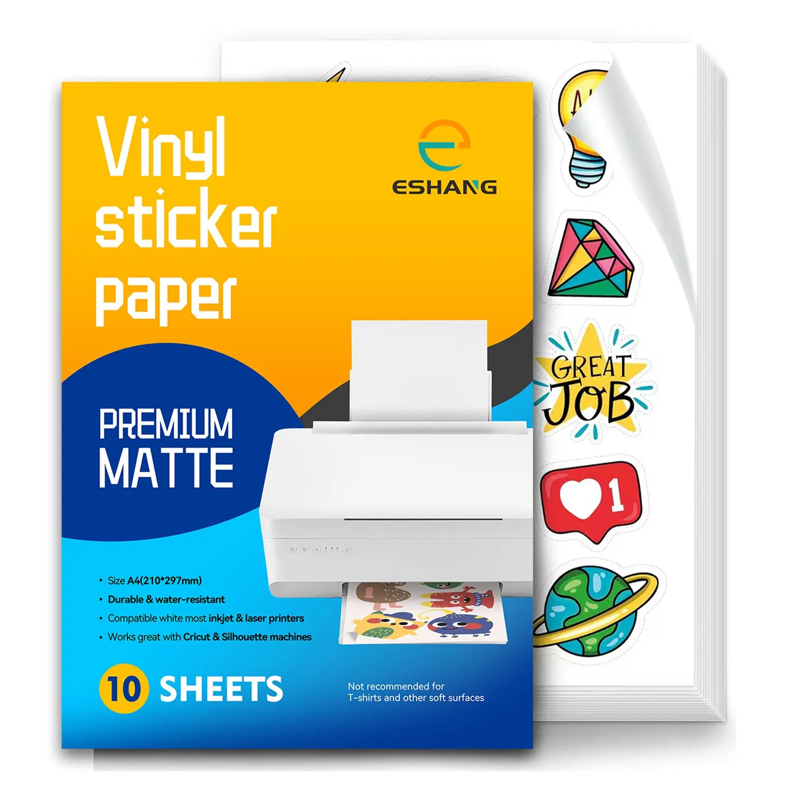ESHANG 10 Sheets A4 Matte Vinyl Sticker Paper, Self-Adhesive Inkjet Printer Sheets, 8.3"x11.7", Quick Dry, Waterproof, Holds Ink Well, DIY Craft Scrapbooking Custom Decal
