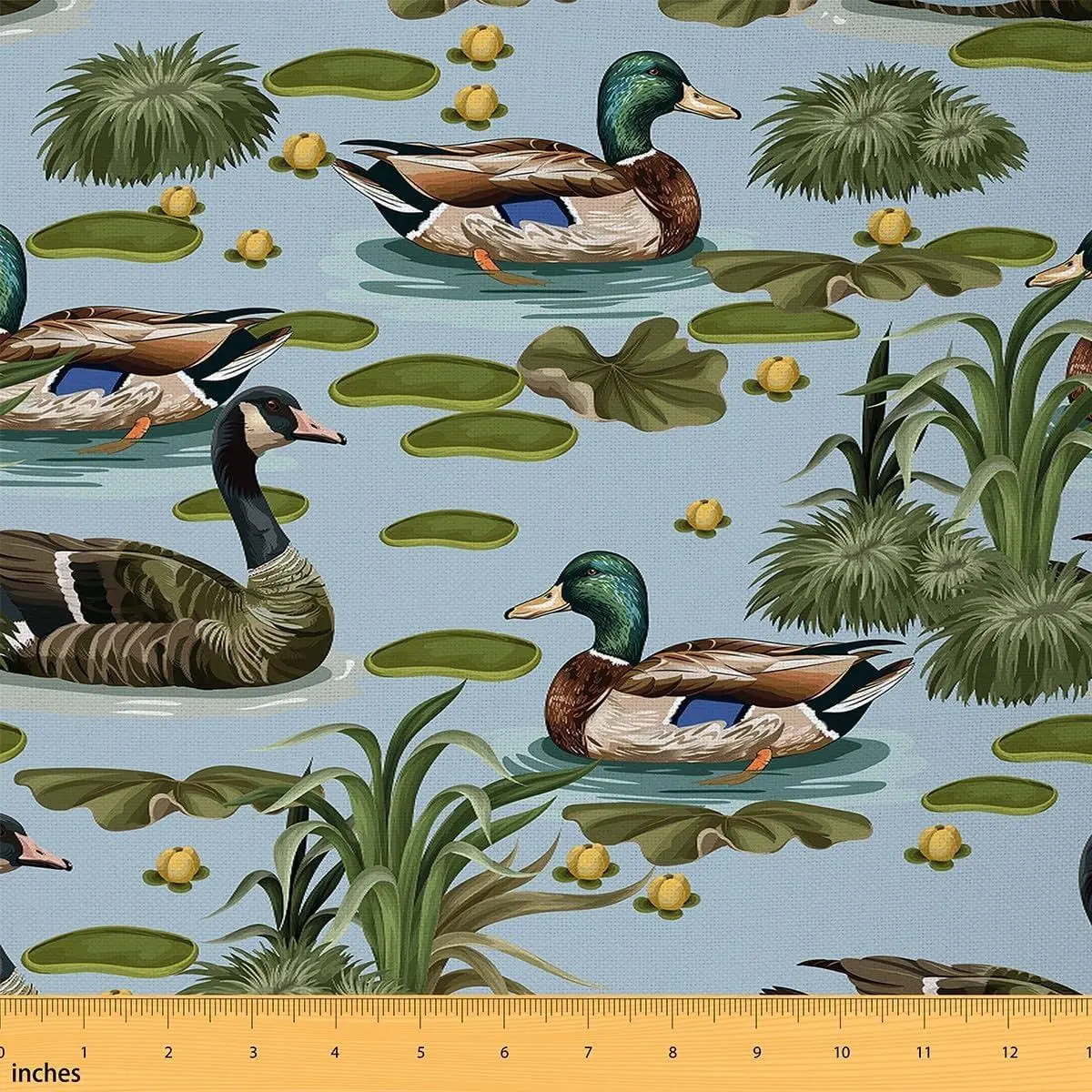 Cute Mallard Duck Fabric 3D Wild Duck Hunting Soft Flannel Fabric Plant Botanic Hunting and Fishing Upholstery Chairs Welcome to The Lake Green