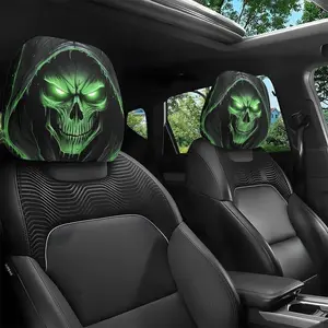 Skull Print Car Headrest Covers, Elastic Fit, Washable, Long Drive Comfort, Halloween Gift, Fashion Interior Decor, Durable Material, Car Seat Decorative