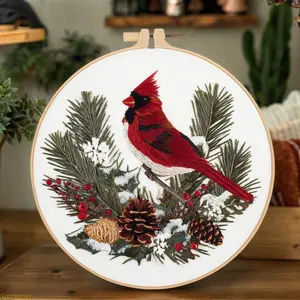 Christmas Cardinal Bird Embroidery Kit - Beginner-Friendly DIY Hand-Stitched Embroidery Design Set with English Guide, Stitching Materials for Holiday Fashion & Clothes Accessories