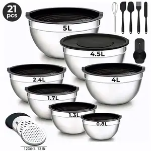 Food Grade Stainless Steel Salad Bowls Set 7 Pieces Durable Polished Stackable with Grater Leakproof Lids Mixing Bowls for Baking Prepping Serving Kitchen Utensils Kit
