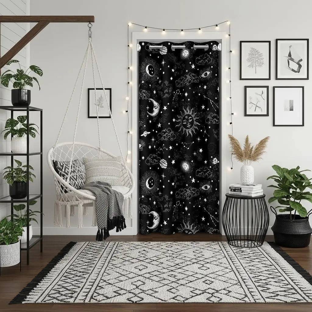 Ga Planet Door Curtain Doorway Privacy,Sun and Moon Stars Room Divider,Dark Night Cloud Insulated Closet Curtain Bedroom Closet Door,1 Panel,,Black White