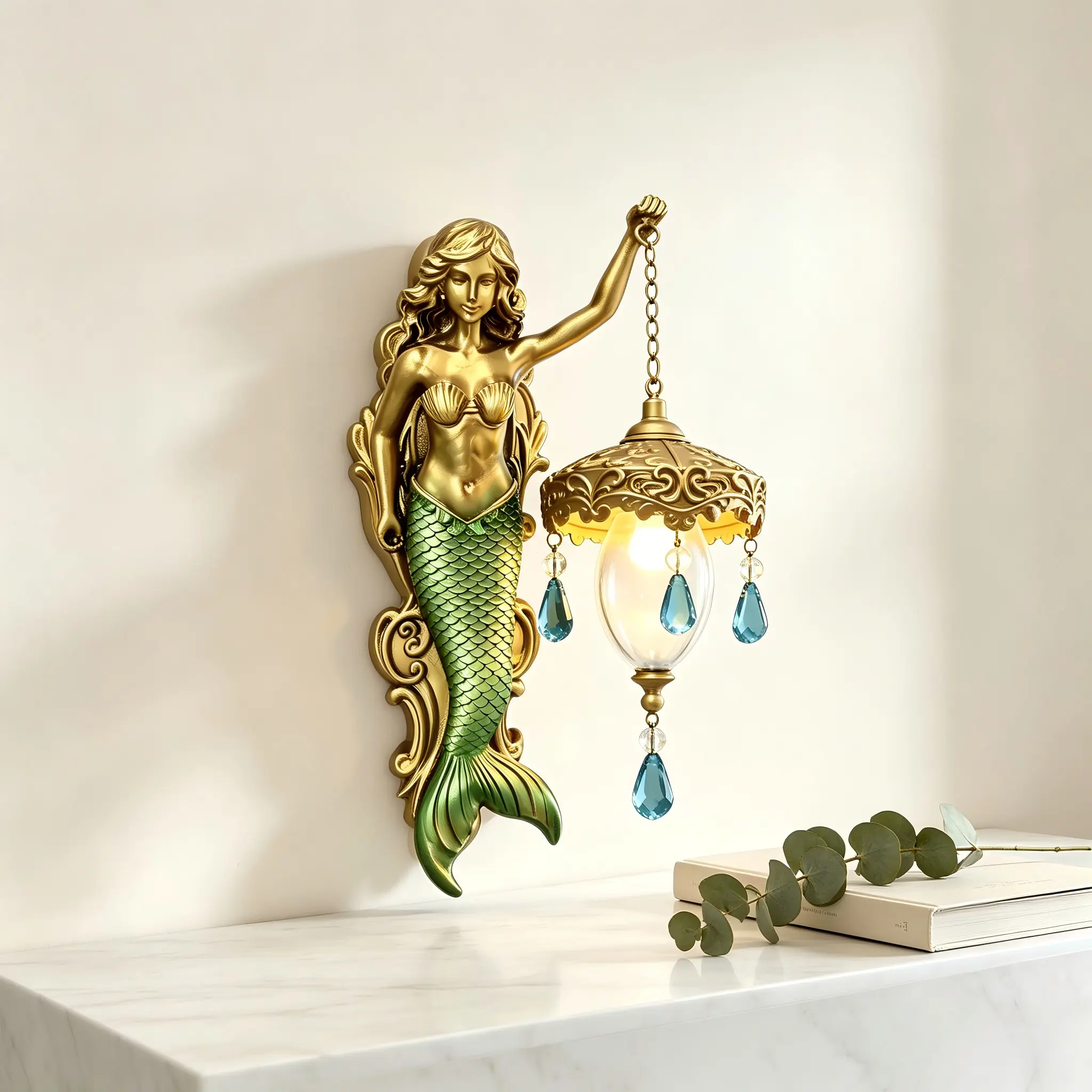 Boho Vintage Wireless Mermaid Wall Light - Wireless Power, Warm Glow, Whimsical Indoor Lighting Accessory for Bedroom Decor, Ideal for Magic Lovers to Enhance Your Bedroom