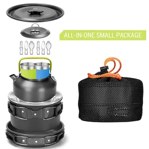 Camping Cookware Set for 2-3 People - Portable Non-Stick Outdoor Cooking Kit with Kettle, Pots, Cups & Storage Bags, Compact