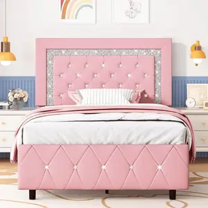Upholstered Bed Frame, Modern Platform Bed Frame With Diamond Headboard And Footboard, No Boxing Spring Needed, Easy Assembly, Black/ Grey/ Pink/ Purple/ White/ Beige / Green, Twin/ Full/ Queen/ King, King Size Bed Frame