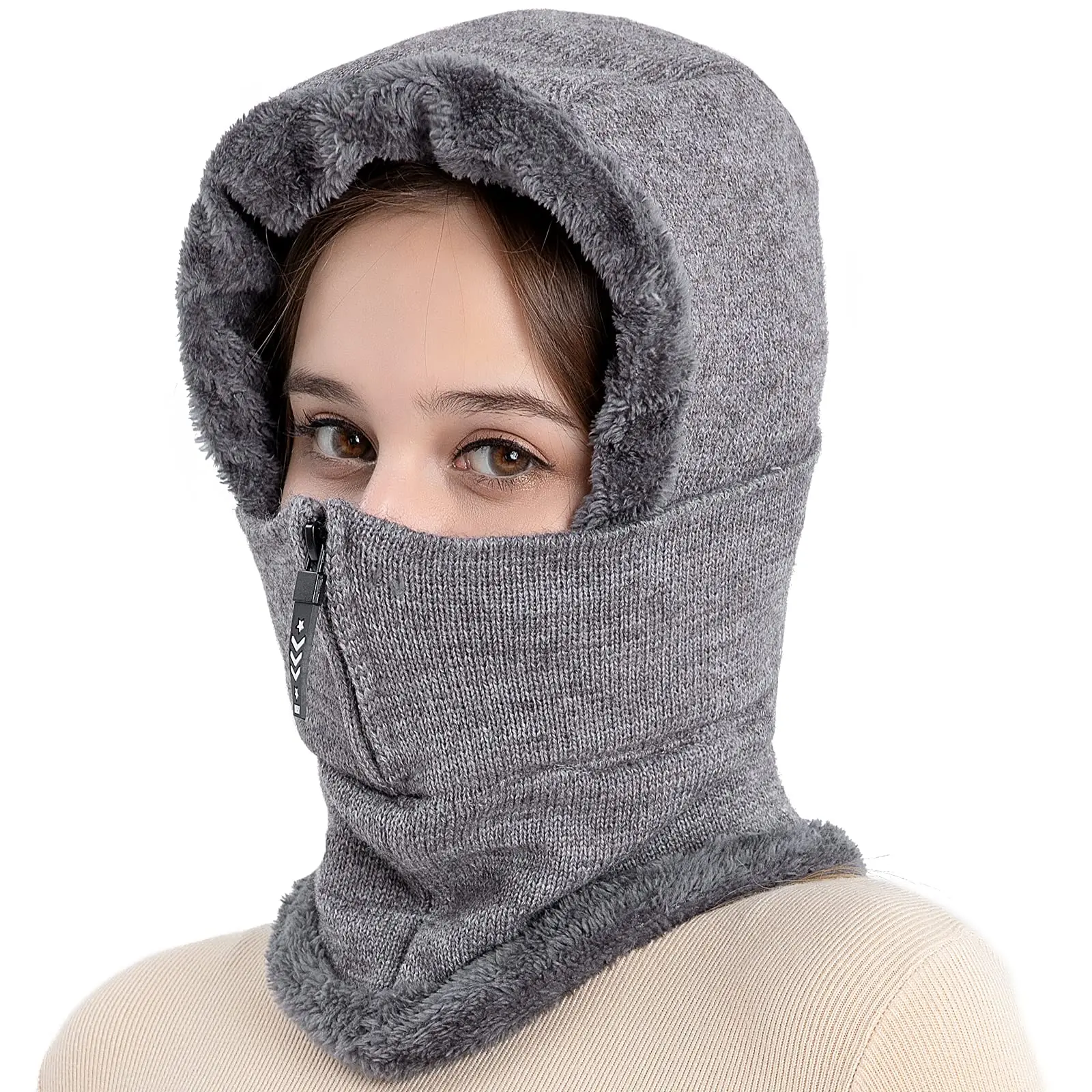 Women's 3-in-1 Fleece Balaclava Beanie - Thermal Face Cover, Scarf, Winter Warm Cap for Skiing, Cycling, Cold Weather, Protects Against Cold Wind
