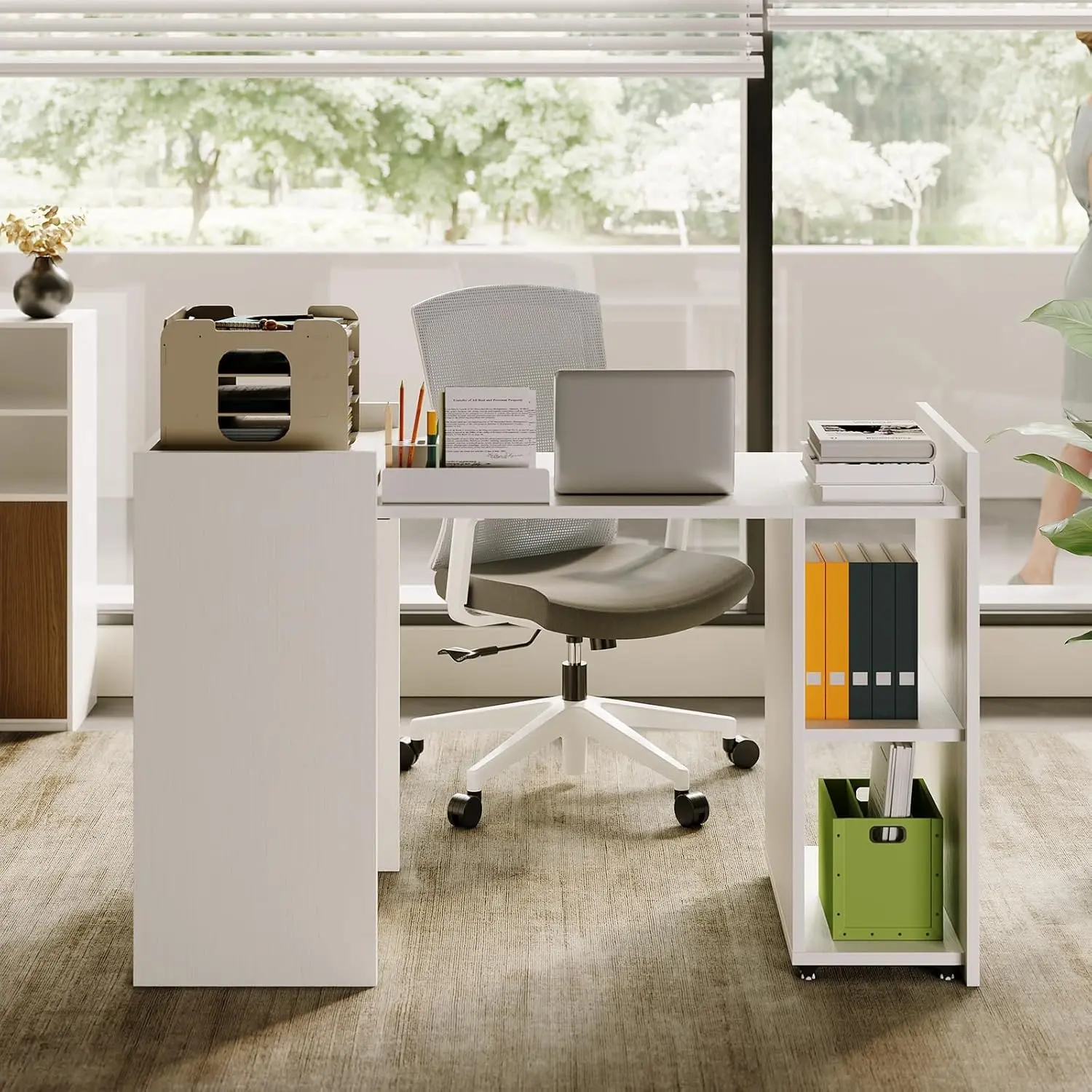 50" Folding Computer Desk with Bookshelf, Home Office Extension Table with Wheels, Small Study Writing Desk with Backless Storage Shelves for Gaming, Work, Study, Bedroom, Home, Office, Kitchen Room