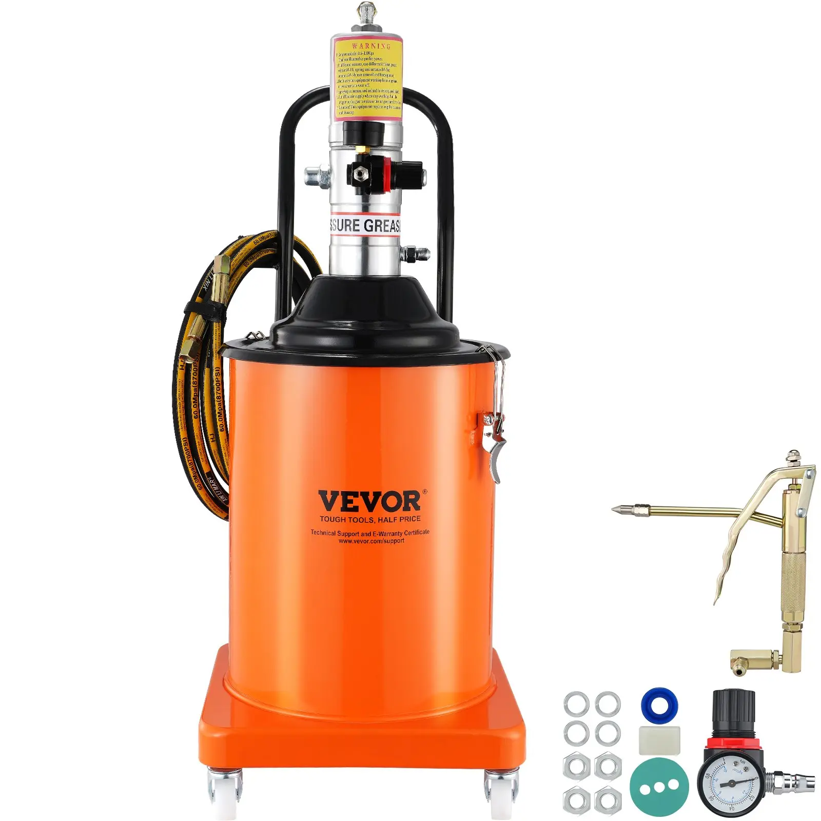 【Summerfinds】VEVOR  Grease Pump, 5 Gallon 20L, Air Operated Grease Pump with 13 ft High Pressure Hose and Grease Gun, Pneumatic Grease Bucket Pump with Wheels, Portable Lubrication Grease Pump 50:1 Pressure Ratio, Steel Barrel