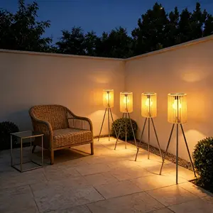 Solar-Powered Outdoor Floor Lamp Handcrafted Wicker Lantern Wrought Iron Tripod Lantern Housewarming Gift Rustic Indoor/Outdoor Decorative Lamp Garden Camping Party Atmosphere Light Light Source Sensor Solar Patio Lights Dimmable Patio Lights