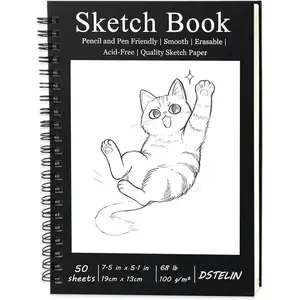 7.5 x 5.1 Inch Sketch Book, 50 Sheets,100gsm, Spiral Bound Black Hardcover with Black Cover, Ideal for Sketching and Drawing