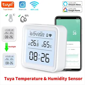 Tuya 2.4G WiFi Wireless Temperature Humidity Sensor Indoor Temperature Monitor With LCD Screen Hygrometer Thermometer Detector Smart Life Remote Control Support Alexa Google Home Voice Contril Mobile Remote Monitoring （No Battery Inside)