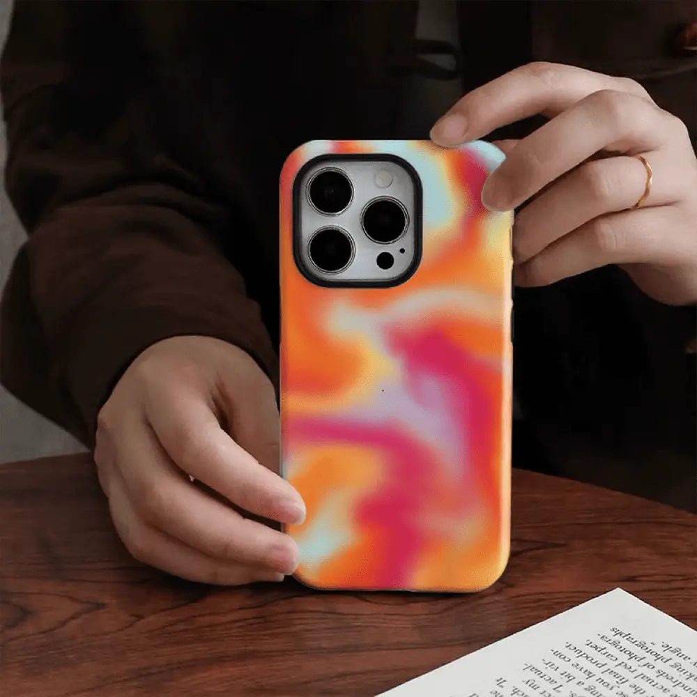 Orange Powder Fusion Design 2-in-1 Cellphone Casing - Durable, Shock-Absorbing, Glossy Phone Cover for iPhone 12-17, 11, X & Samsung Series Devices - Holiday Gift Mobile Phone Accessories