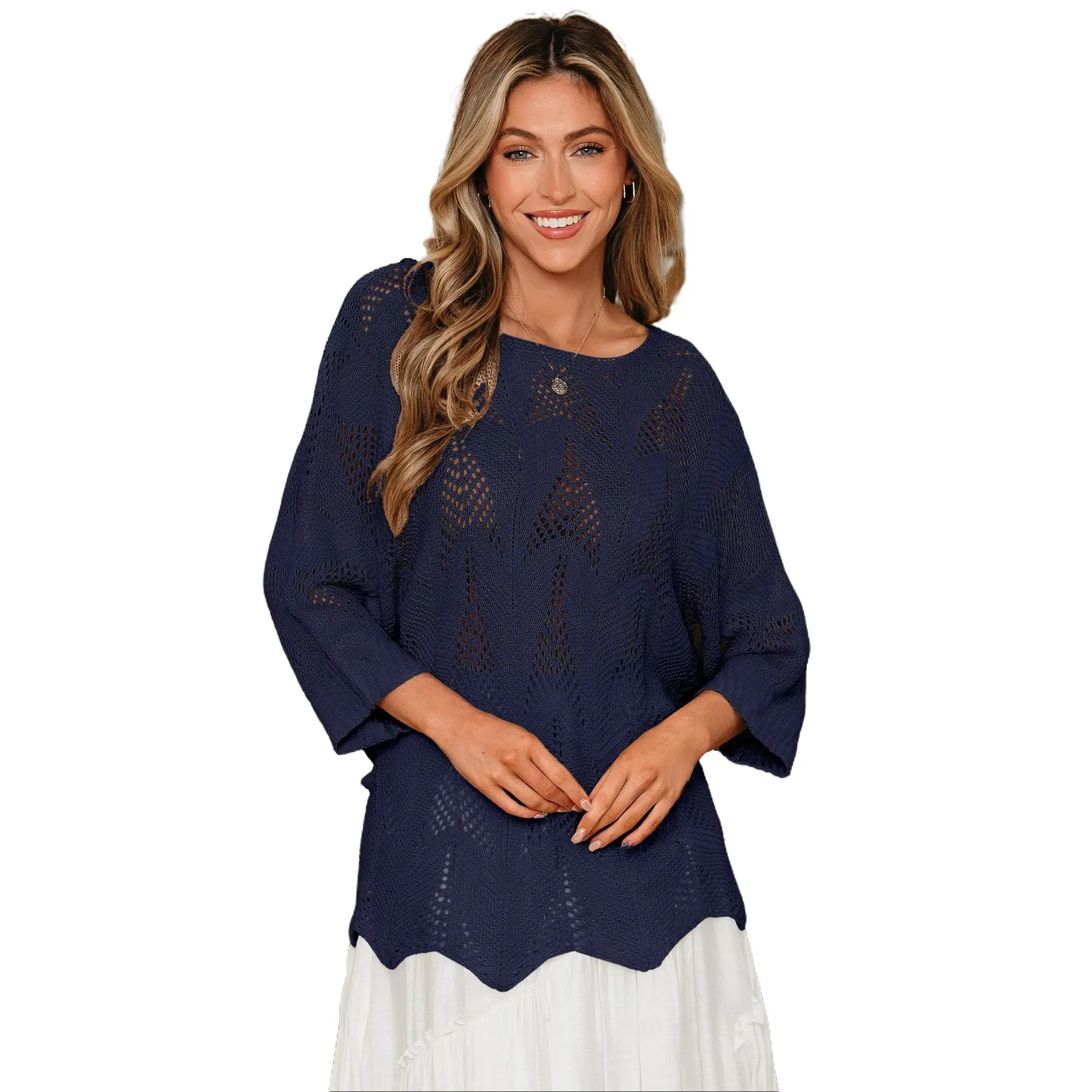 Navy Blue Hollow Out Knit 7/8 Sleeve Casual Sweater
