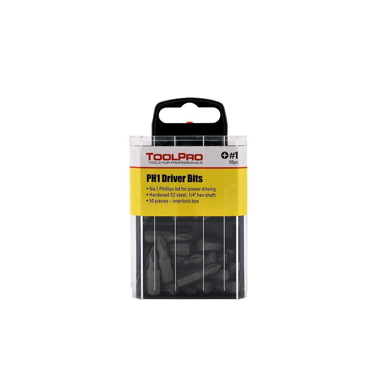 ToolPro #1 Phillips Hardened Screwdriver Bit Tips, 50-Piece Set with Interlocking Drill Bit Holder Storage Box for Driving Power Fasteners