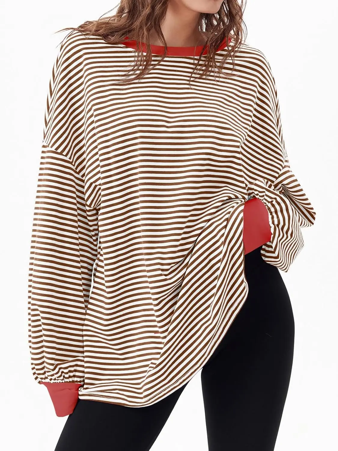 Women's Oversized Striped Color Block Tunic Top, Soft Cotton Long Sleeve Crew Neck Casual Fall Shirt, Chic, Round Neck, Jeans, Longsleeves, Comfortable