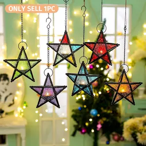 Elegant European Vintage Iron Art Candle Holder with Colorful Glass Star Design, Windproof Hanging Decor for Home Bar Restaurant Gift, Interior Wall Decor, Vintage Candle Stand, Interior Decoration Accessories, Decoration Items