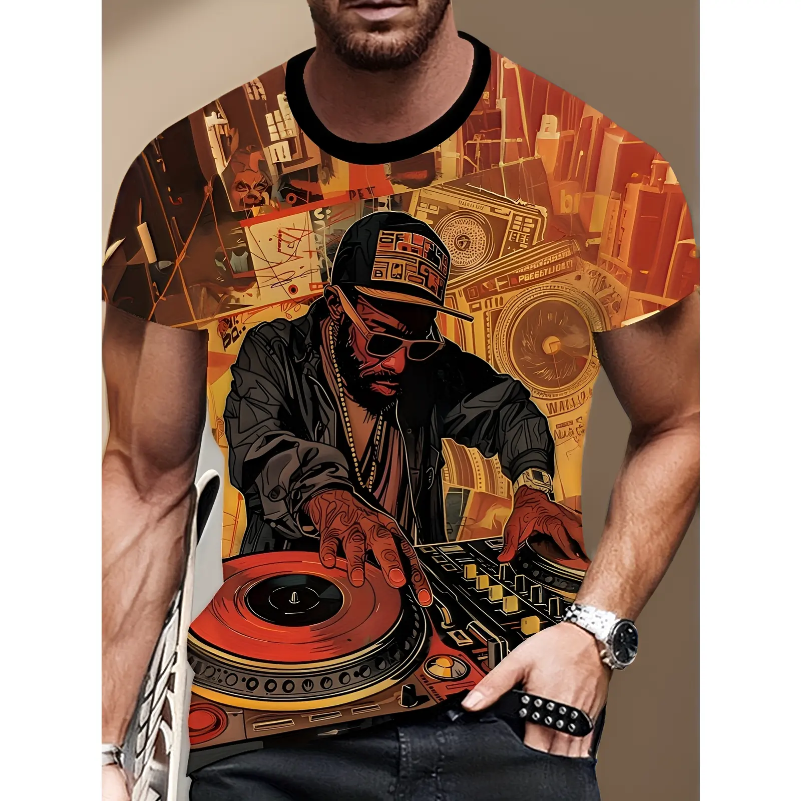 Men's 3D Printed Rapper Pattern T-Shirt with Chain and Golden Accessories, Street Style DJ Turntable Art, Bright Orange, Black, Red, Yellow, White, Regular Fit Summer Short Sleeve Casual T-Shirt, PLUS SIZE