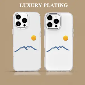 Phone case for iPhone 17/16/15/14/13/12 pro/Max/Plus, mountain couple sun pattern luxury transparent electroplated frame lens protection case, soft