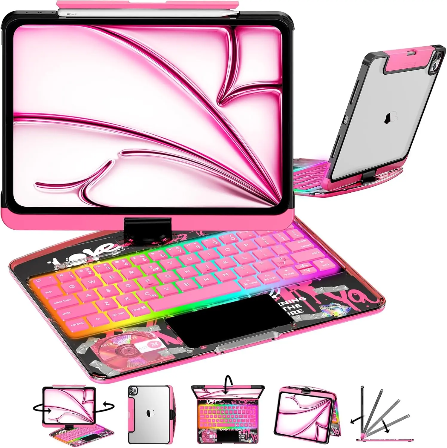 Transparent Y2K Pink 360°Rotatable Keyboard iPadCase Compatible with Apple iPad (8.3'/10.2'/10.9'/11'/12.9'/13 inch )ipad 7-11th(A16)/ipad air(2022-2026) / ipad pro (2018-2025) and ipad mini,Clear Hard PC Back&7 Color Backlight Adjustable Durable