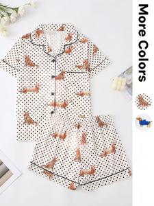 women's random polka dot dog print pyjama set, casual comfy short sleeve collared top & elastic waist shorts pj set, ladies sleepwear for all seasons, womenswear