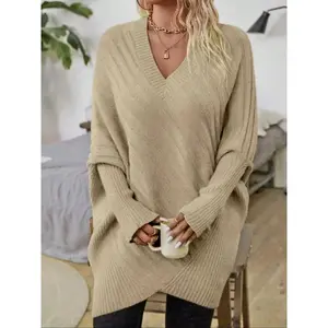 Women's Plus Size V Neck Long Sleeve Pullover Sweater, Casual Knitwear for Fall & Winter, Comfortable Solid Color Top for Daily Wear