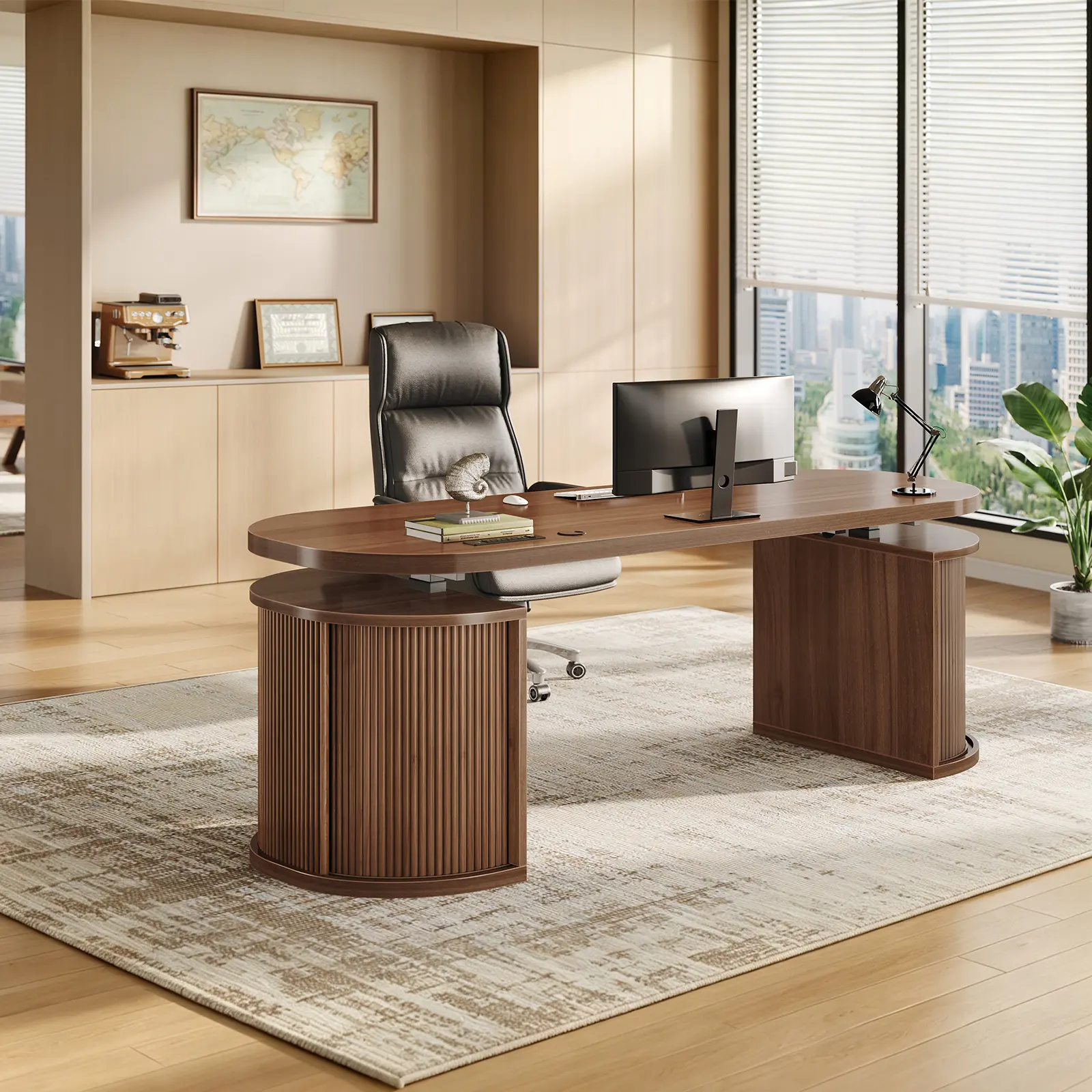 SEDETA 57" Standing Desk with Storage, Electric Height Adjustable Executive Fluted Desk with Curved Cabinets, Computer Desk with Power Strip for Home Office