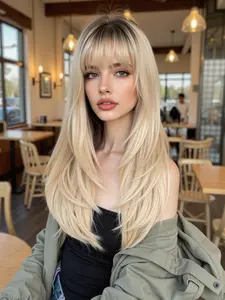 24 Inch Long Blonde Layered Wigs for Women, Gorgeous Fluffy Wigs with Curtain Bangs, Synthetic Full Machine Wigs for Party, Daily Use, Machine Made Wigs