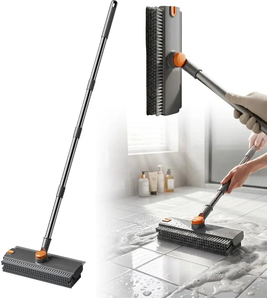 4-in-1 Multifunctional Floor Scrub Broom - 28in Adjustable Stainless Steel Extendable Handle, Stiff PVC Bristles, 360° Rotatable Brush Head, Silicone Squeegee & Scraper, Dual Wet-Dry, for Kitchen Tile, Garage, Home Improvement Bathroom Fixture Accessory
