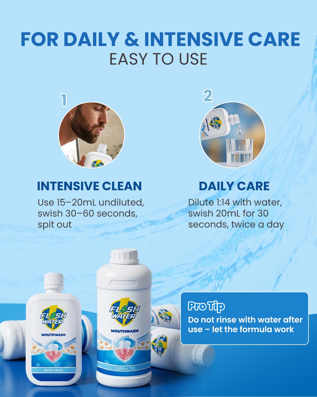 Flash Water Alcohol-Free Mouthwash, Gentle Daily Oral Rinse with Exclusive HAS Factor Technology, Fresh Breath & Oral Care for Adults & Kids 16.9 fl oz
