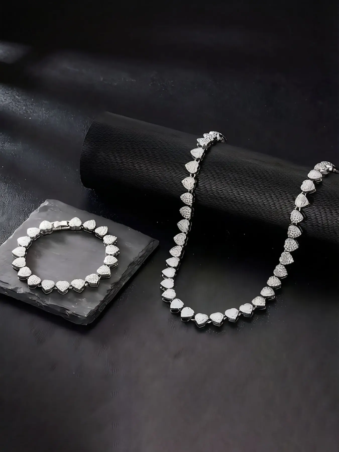 Elegant Rhinestone Heart Cuban Chain Necklace Bracelet Set, Chic Women's Evening Party Jewelry, 2-Piece Gift Set, Jewelry Sets