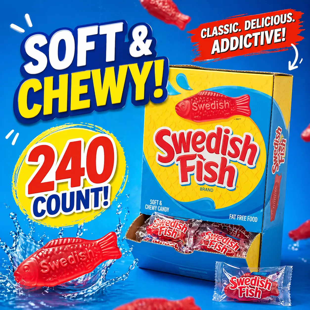 Swedish Fish Red Candy 240 Count Changemaker  Soft & Chewy Red Fruit Candy | Individually Wrapped Bulk Candy for Offices & Parties