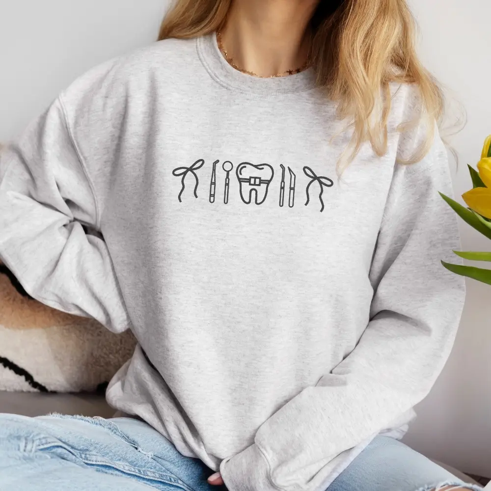 Dental Orthodontic icon embroidered crewneck sweatshirt | dental hygienist crewneck | neutral dental assistant, orthodontics dentist aesthetic Comfort Pullover Casual Comfortable Sweatshirts