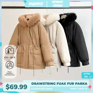 PUFFIT Faux Fur Mid-Length Hooded Drawstring Parka With Adjustable Waist Belt Design And Extra-Deep Pockets, Women‘s Fashion Coats, Versatile Winter Outerwear For Women‘s Basic Tops
