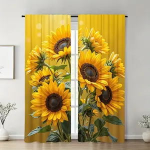 2-Piece Sunflower Print Oil Painting Style Door Curtain, Festive Pole Design, Easy Hanging, Suitable for Living Room, Bedroom, Office, Kitchen