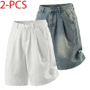 Distressed washed, pleated button mid-rise straight-leg denim shorts for men—summer casual loose fit, knee-length shorts; American retro streetwear brand; suitable for everyday commuting and vacations.
