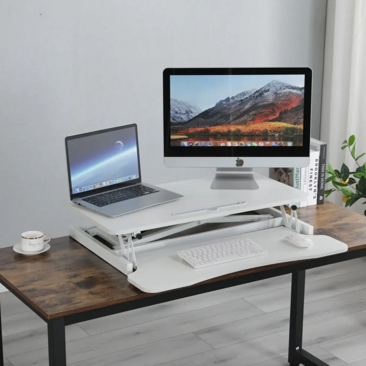 32" Height Adjustable Standing Desk Converter, Sit to Stand Riser with Keyboard Tray, Dual Monitor Workstation for Home Office