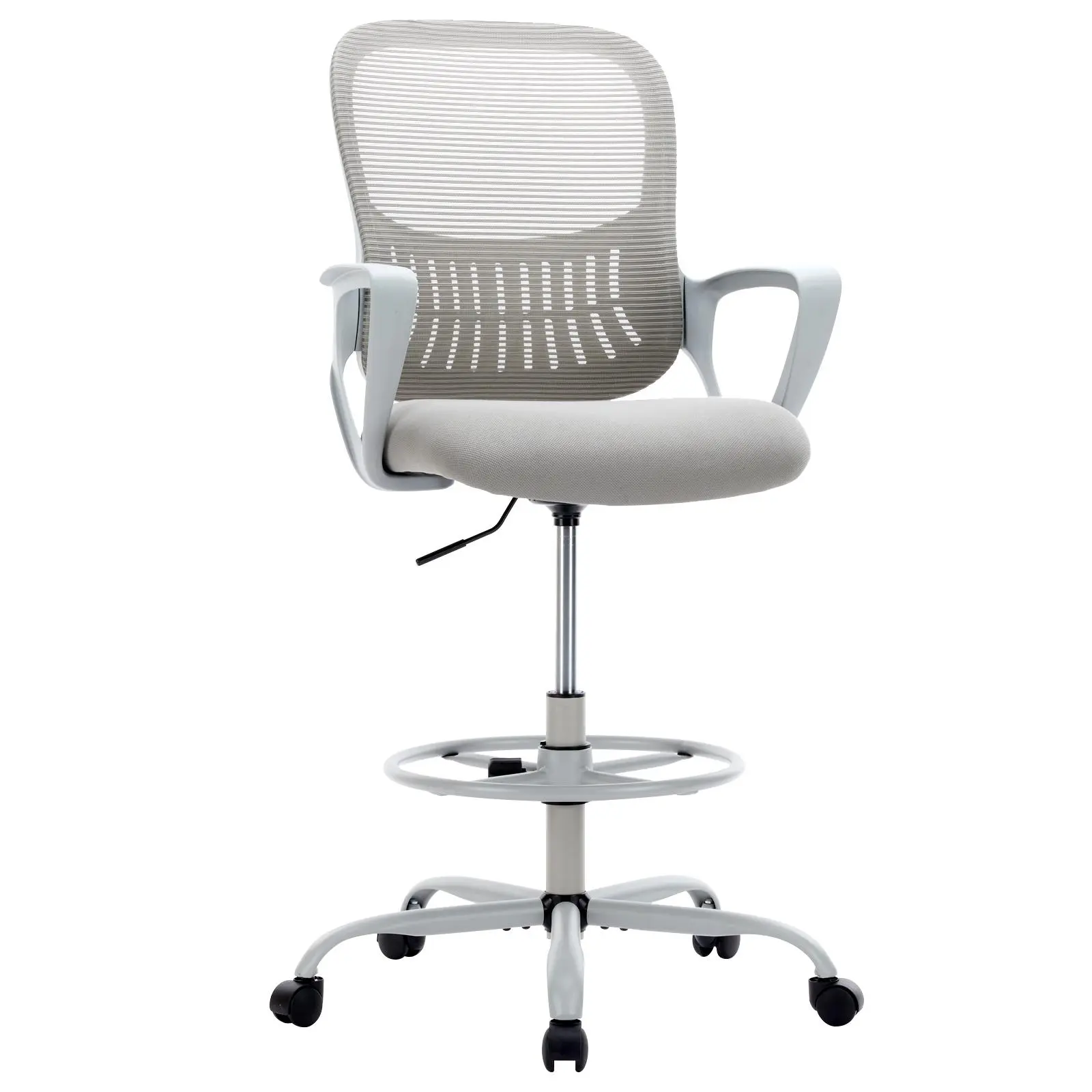 Gray Counter Height Drafting Chair with Fixed Armrests for Standing Desk, Tall Stool with Adjustable Foot Ring and Smooth Rolling Wheels for Workshop Drafting Board Bar Island Home Office Desk Area