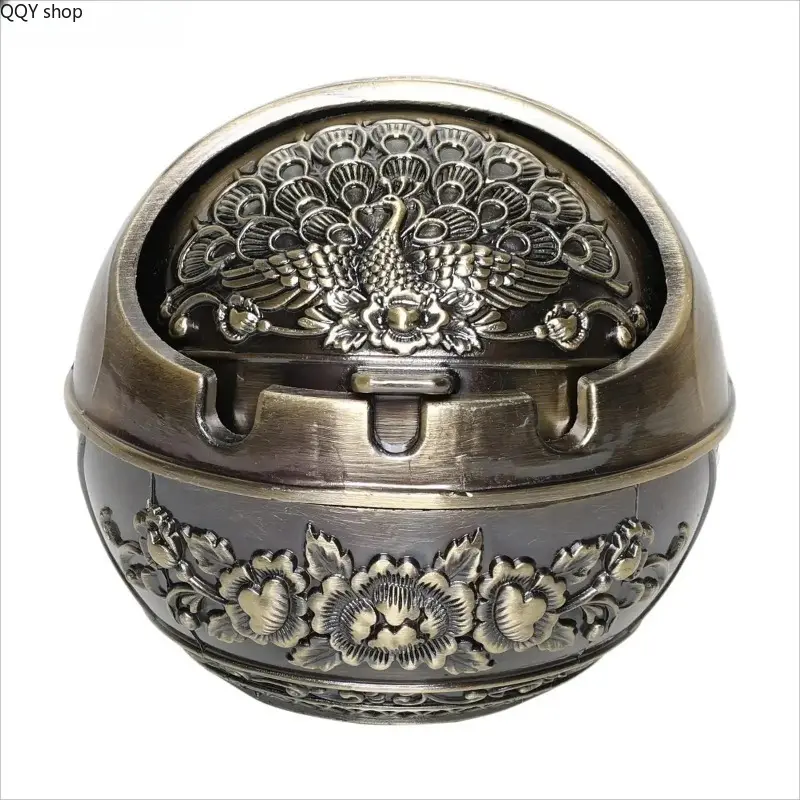 Vintage Metal Peacock Pattern Ashtray Portable Travel Pocket Size Reusable Smokeless Decorative Ash Holder Durable Waterproof Stylish Retro Art Ornament Multifunctional Essentials for Home Office Bar Outdoor Patio Camping Travel Indoor Desktop Table Decor