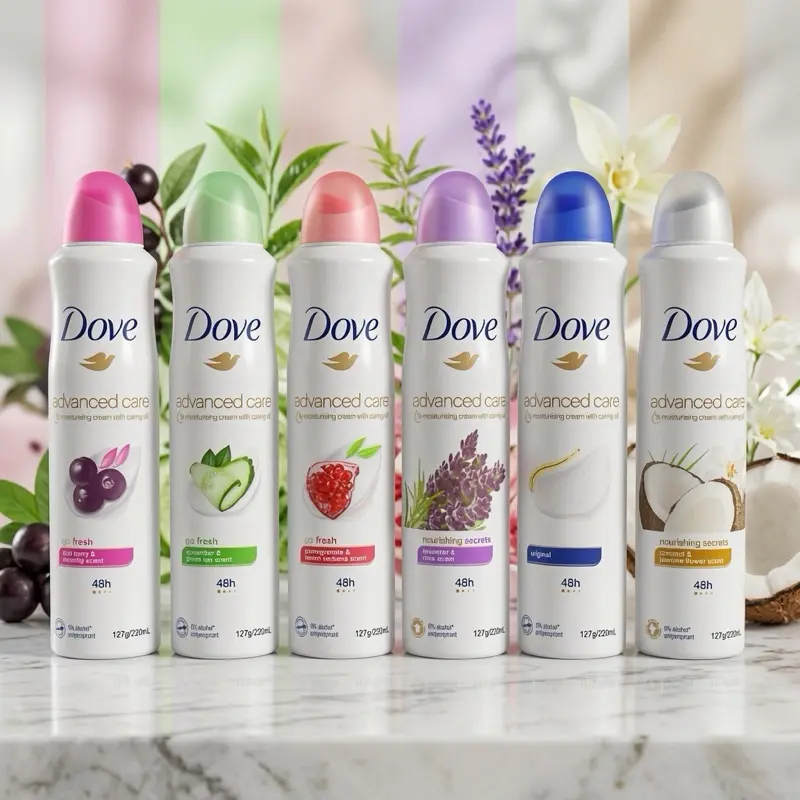 Dove Antiperspirant Deodorant Aerosol Special Edition Multi-Pack (6 Scents: Acai Berry, Waterlily, Cucumber, Green Tea, Pomegranate, Original, Lavender Coconut) 220ml Each, Gentle Fragrance, Long Lasting Anti-Perspiration Body Care (Package May Vary)