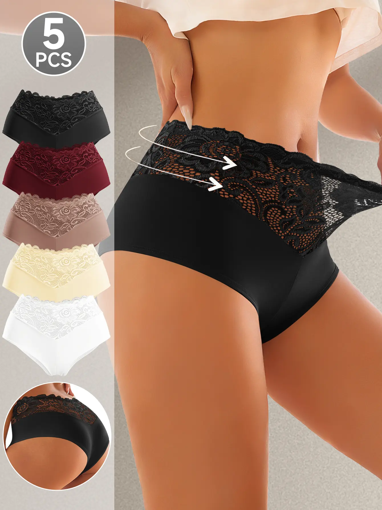QUASTI Women's Thongs, Mixed Color 5-Pack Lace Patchwork Panties, Low-Rise V-Shape Smooth Polyester Underwear, Soft & Breathable