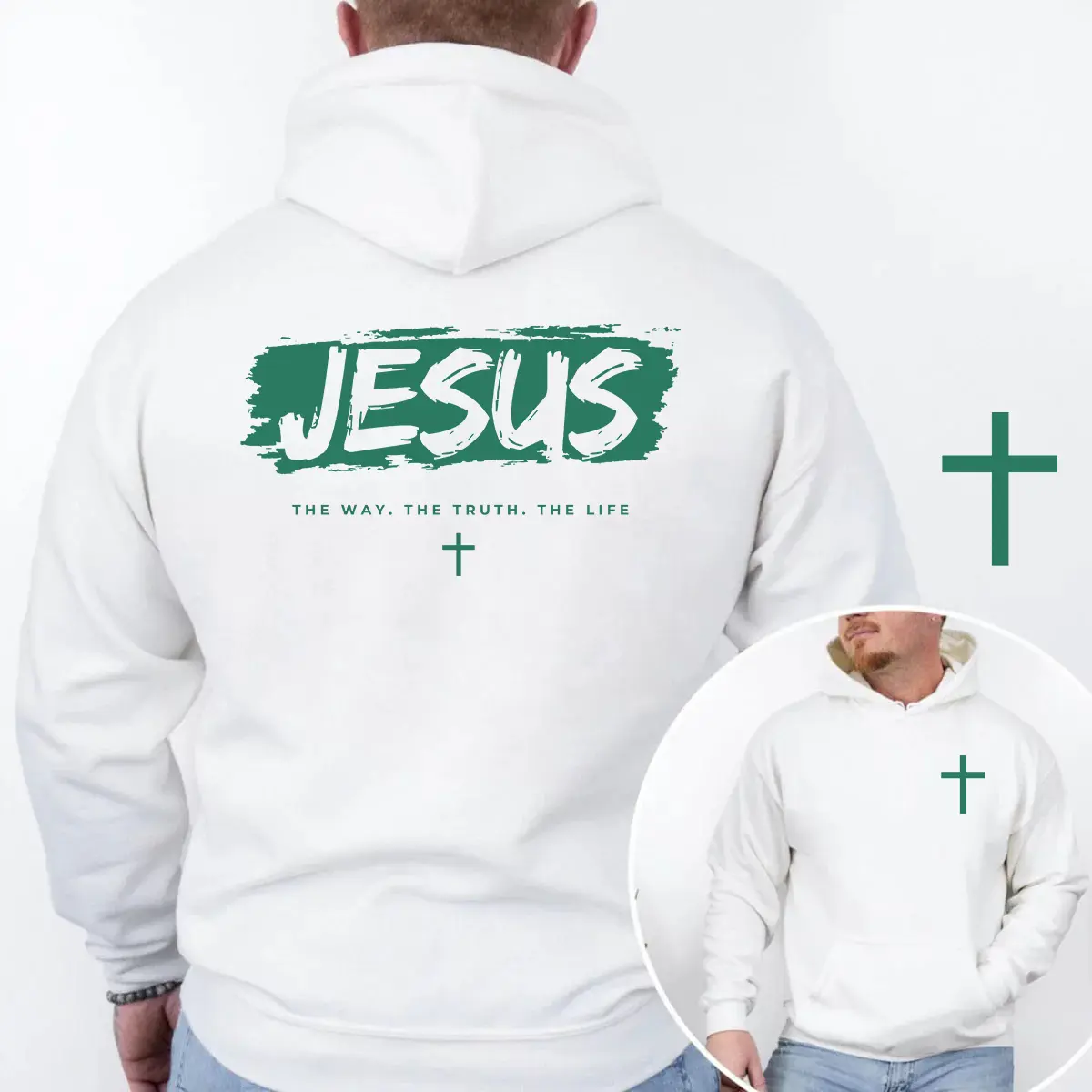 Inspirational Christian 2-Sides Hoodie - Faith Bible Verse Jesus Print Beige Pullover Unisex Men's Cotton Unisex Heavy Blend Hooded Sweatshirt Perfect Outfit for Jesus Lovers Unisex