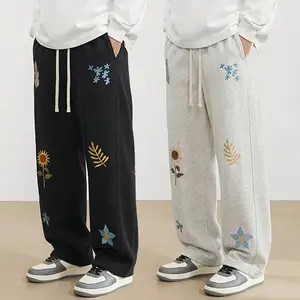Unisex floral pattern embroidered loose barrel sweatpants, elastic belt tethered casual pants, street style loose version retro sweatpants