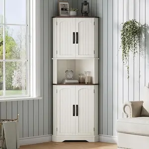 Vabches Tall Corner Cabinet, Farmhouse Corner Storage Cabinet with 4 Barn Doors and Adjustable Shelves, Storage Pantry Cabinet for Kitchen, Living Room, Laundry Room, White