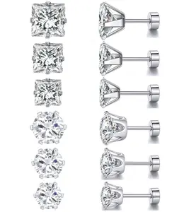 Titanium Flat Back Earrings - Pack of Surgical Stainless Steel Round Square Princess Cut CZ Screw Back Stud For Women Men Hypoallergenic Cubic Zirconia Earrings