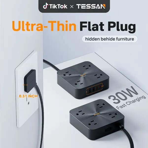 SummerGarden TESSAN Flat Plug Surge Protector Power Strip, 30W Fast Charging Station with 4 AC Outlets & 4 USB-C Ports, 5FT Flat Extension Cord, Wall Mount for Home, Office & Dorm