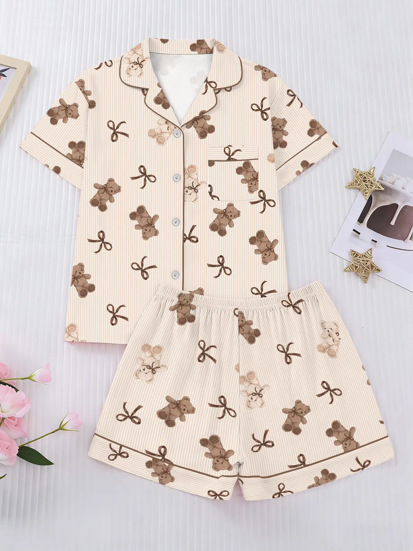 Women's Cute Bear Print Pajama Set, Short Sleeve Top with Tie and Buttons, Elastic Waist Shorts, Casual Comfortable Home Sleepwear Loungewear, Matching Pj Set, Matching Pajamas