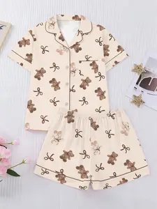 Women's Cute Bear Print Pajama Set, Short Sleeve Top with Tie and Buttons, Elastic Waist Shorts, Casual Comfortable Home Sleepwear Loungewear, Matching Pj Set