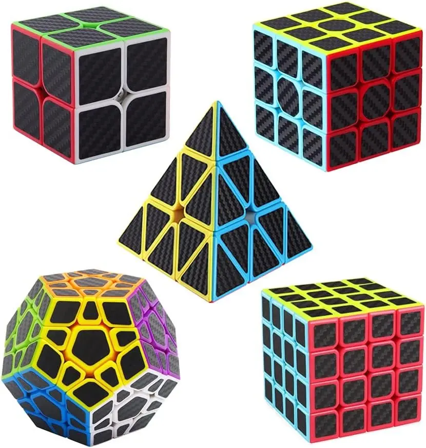 Multi-Size 5-Piece Speed Cube Bundle Pack - Smooth Carbon Fiber Sticker Set with 2x2, 3x3, 4x4, Megaminx & Pyramid Cubes, Ideal for Puzzle Play Enthusiasts